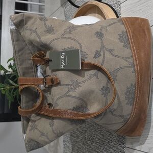 Myra Tote Shoulder Bag Tan and Gray Floral Splendiferous Tote Bag